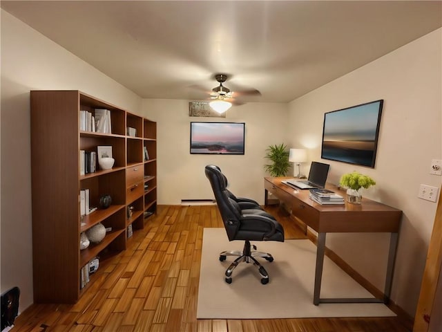 office area with ceiling fan and light wood-type flooring