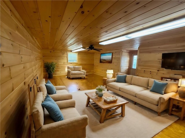 living room featuring wood ceiling, light hardwood / wood-style floors, ceiling fan, and wood walls