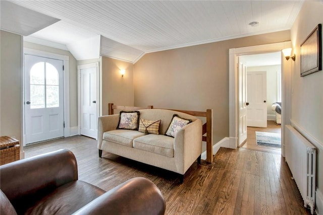 living room featuring ornamental molding, lofted ceiling, dark wood-type flooring, and radiator heating unit