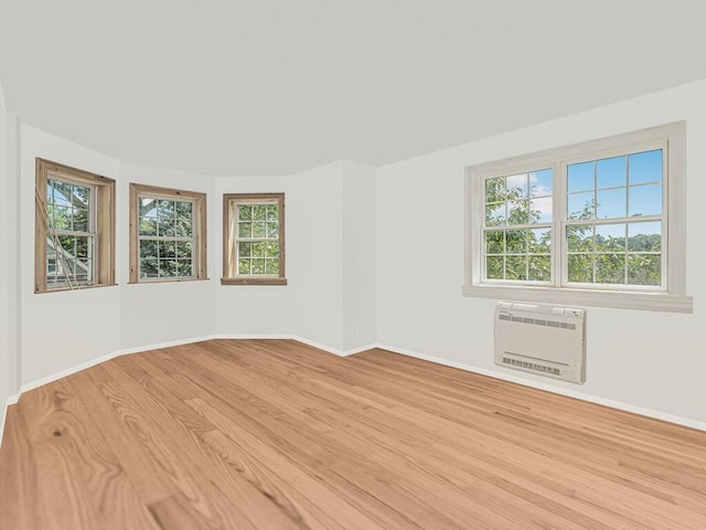 spare room featuring heating unit and light hardwood / wood-style flooring