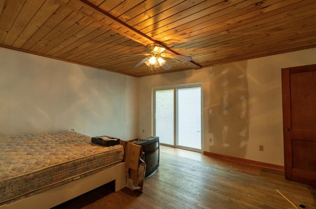 bedroom featuring access to exterior, wood-type flooring, ceiling fan, and wood ceiling