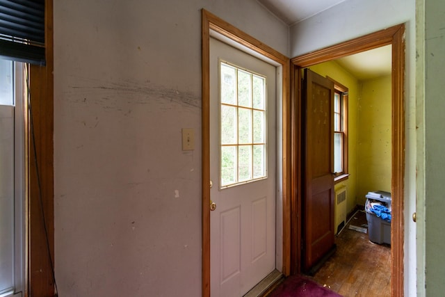 entryway with hardwood / wood-style floors and radiator