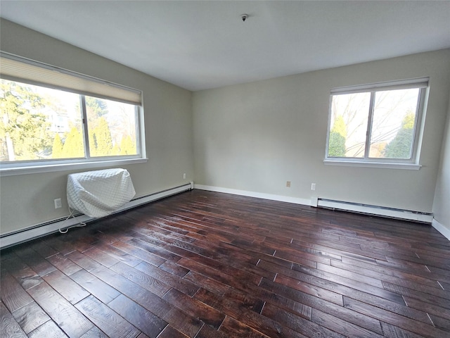 spare room featuring dark wood-type flooring and a baseboard radiator