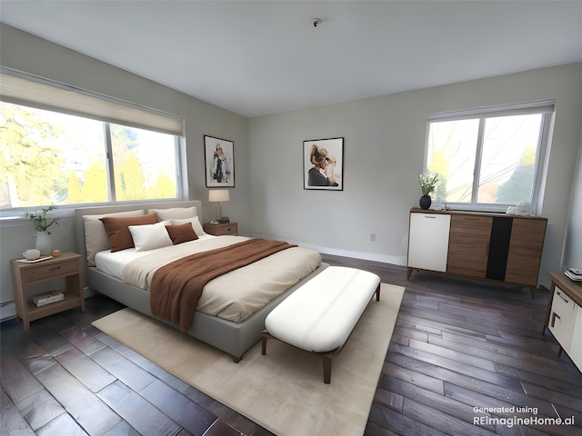 bedroom with dark wood-type flooring and multiple windows