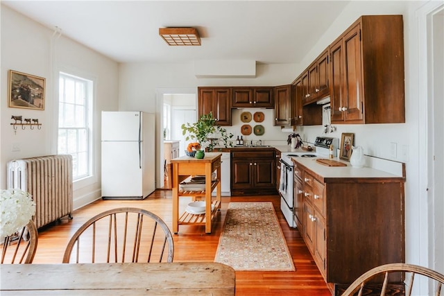 kitchen featuring radiator heating unit, wood-type flooring, white appliances, and sink