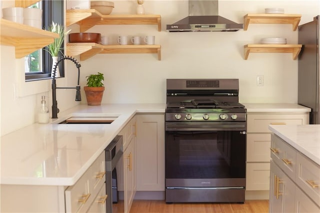 kitchen featuring sink, wall chimney exhaust hood, stainless steel appliances, and light hardwood / wood-style floors