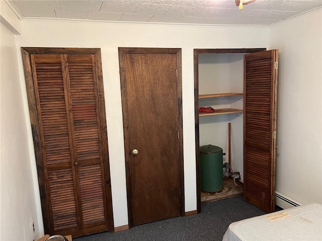 carpeted bedroom with crown molding and a baseboard heating unit