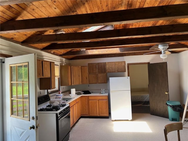 kitchen featuring light carpet, wood ceiling, white appliances, ceiling fan, and beam ceiling