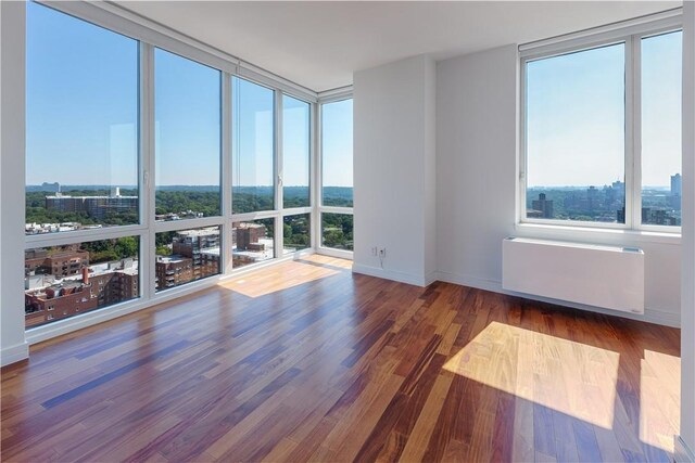 spare room with radiator heating unit and dark wood-type flooring