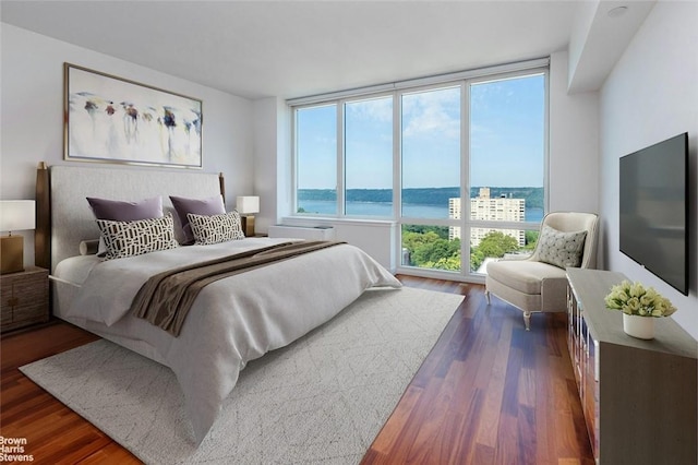 bedroom with expansive windows and dark wood-type flooring