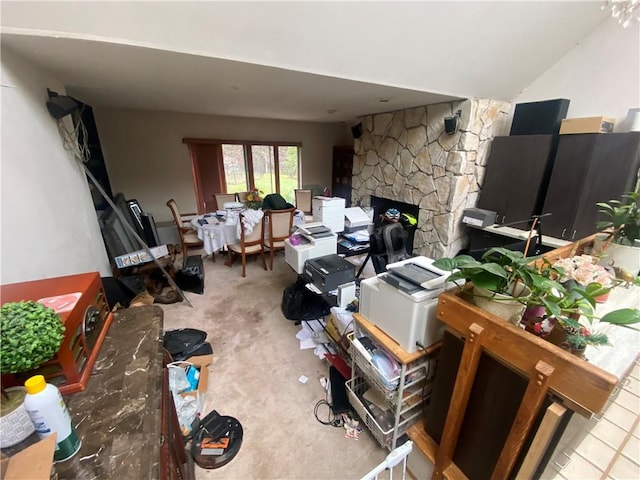 interior space featuring a stone fireplace