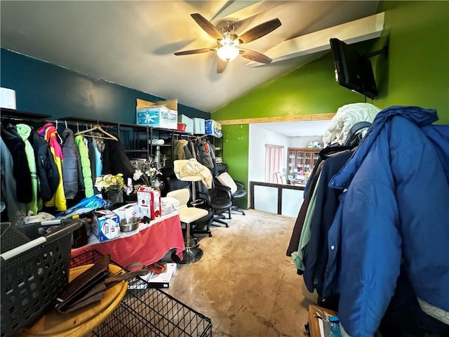 misc room with vaulted ceiling and ceiling fan