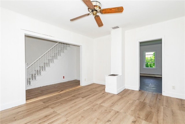 unfurnished living room featuring ceiling fan and light hardwood / wood-style flooring