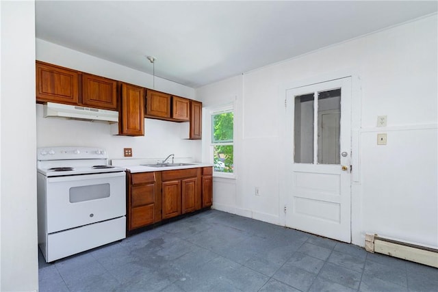 kitchen featuring white electric range, baseboard heating, and sink