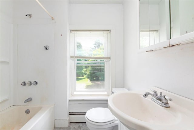 full bathroom featuring  shower combination, toilet, a baseboard heating unit, and sink