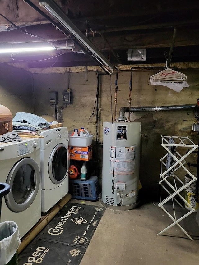 laundry area featuring water heater and washer and clothes dryer