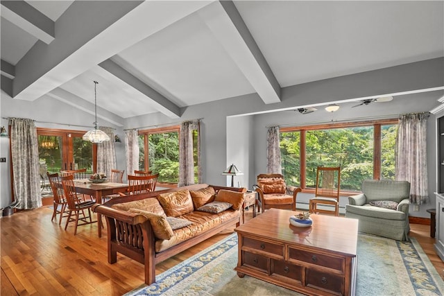 living room with ceiling fan, plenty of natural light, lofted ceiling with beams, and hardwood / wood-style flooring