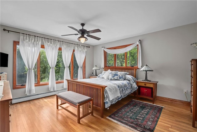 bedroom featuring light hardwood / wood-style floors, baseboard heating, and ceiling fan