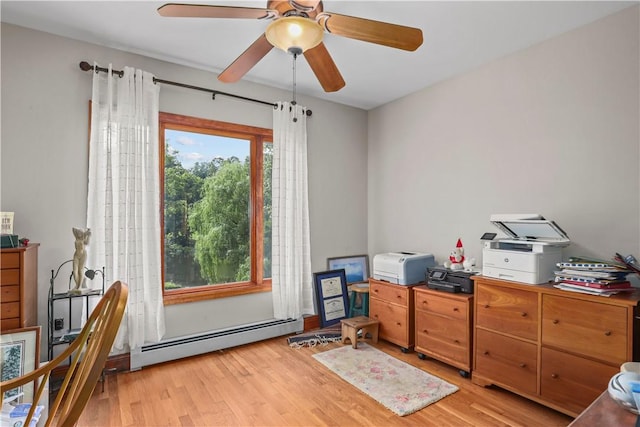 office space with ceiling fan, baseboard heating, and light hardwood / wood-style flooring