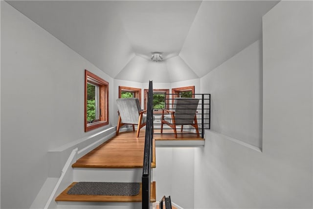 staircase featuring vaulted ceiling and a healthy amount of sunlight