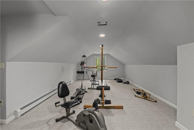 exercise area featuring light colored carpet, vaulted ceiling, and baseboard heating