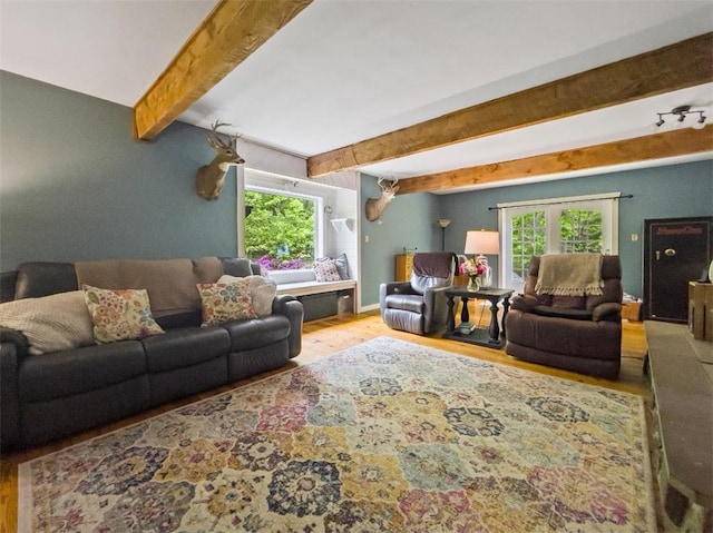 living room featuring hardwood / wood-style flooring and beam ceiling