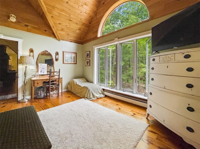 bedroom featuring wooden ceiling, vaulted ceiling with beams, light wood-type flooring, and a baseboard radiator