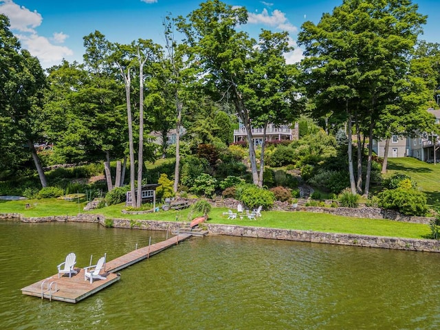 dock area with a lawn and a water view