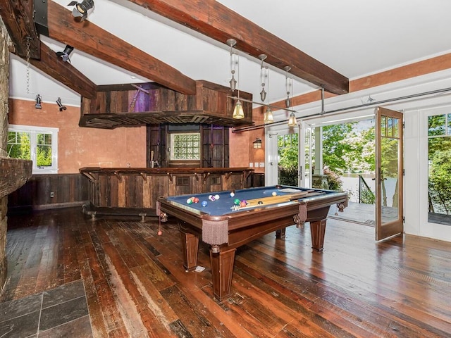 33 Truesdale Lake Dr, South Salem, NY 10590 - recreation room with wood-type flooring, beam ceiling, billiards table, and wooden walls