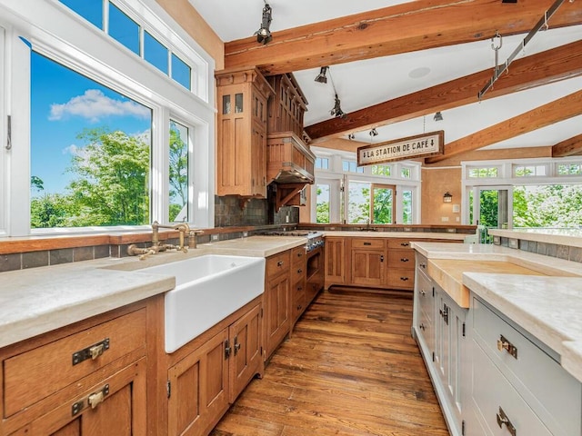 kitchen with vaulted ceiling with beams, light hardwood / wood-style flooring, a wealth of natural light, and sink