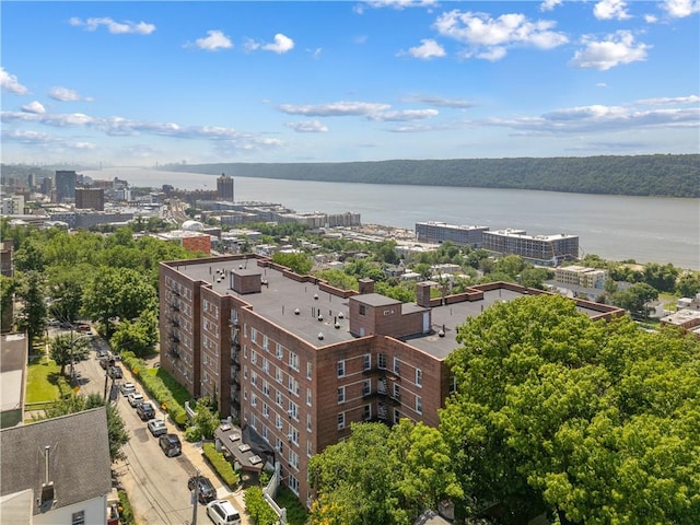 bird's eye view with a water view