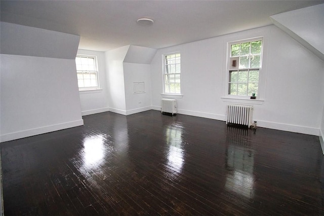 additional living space featuring radiator, plenty of natural light, and dark hardwood / wood-style floors