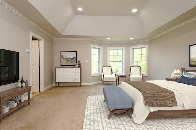 carpeted bedroom featuring a tray ceiling, vaulted ceiling, and ornamental molding