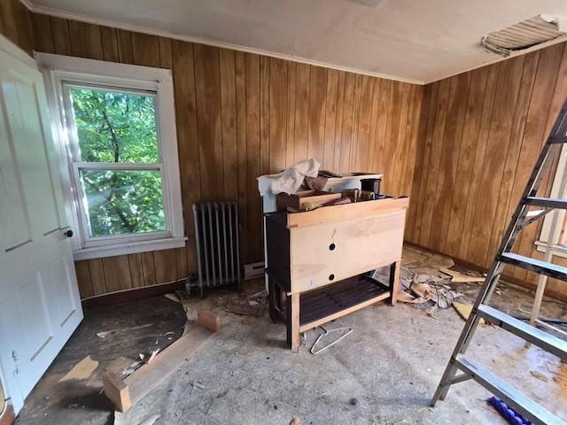 miscellaneous room with radiator and wood walls