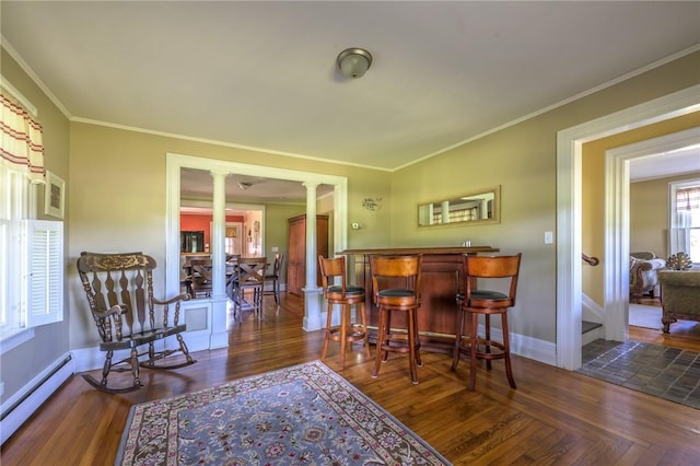 interior space featuring dark hardwood / wood-style flooring, a baseboard radiator, decorative columns, and crown molding