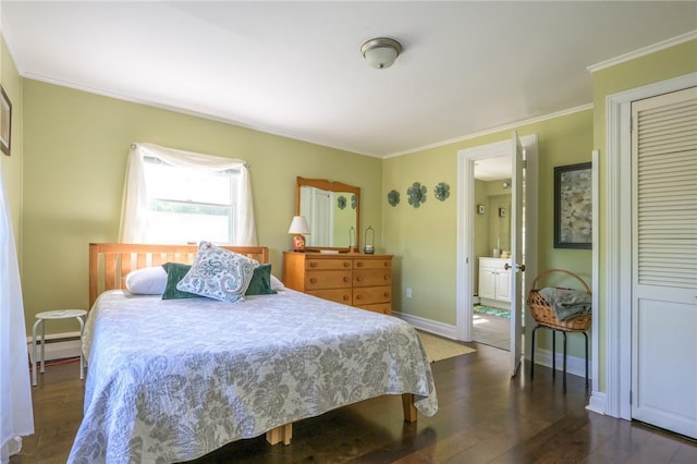 1727 Rte 9, Germantown, NY 12526 - bedroom featuring dark wood-style flooring, ornamental molding, a closet, and ensuite bathroom
