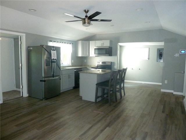 kitchen with appliances with stainless steel finishes, dark hardwood / wood-style flooring, a kitchen island, and vaulted ceiling