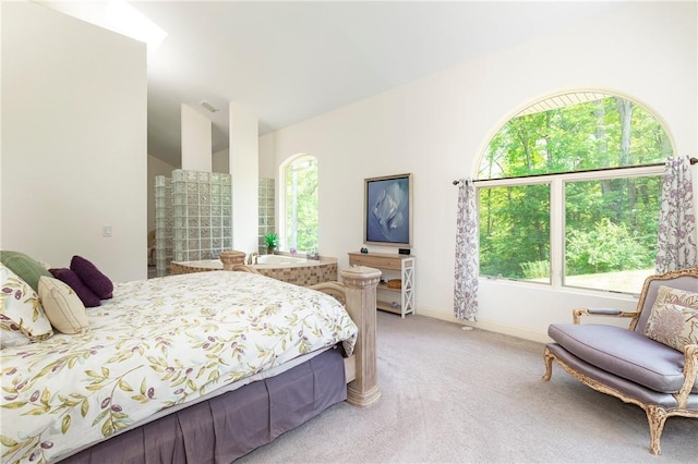 bedroom with light carpet and multiple windows