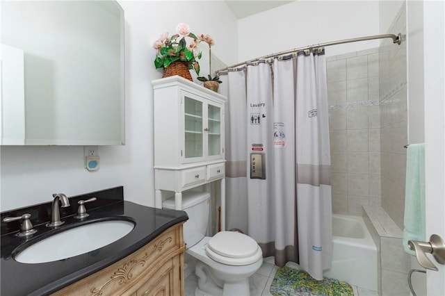 full bathroom with tile patterned floors, vanity, shower / bath combination with curtain, and toilet