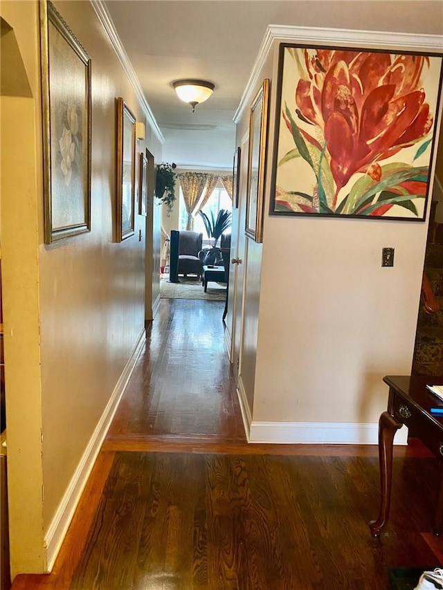 hall with dark hardwood / wood-style floors and ornamental molding