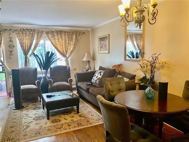 3664 Palmer Ave, Bronx, NY 10466 - living area with a chandelier, healthy amount of natural light, crown molding, and wood finished floors