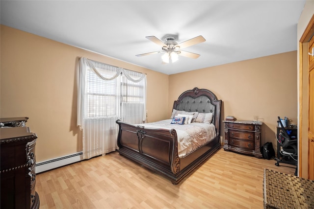 bedroom featuring ceiling fan, light wood-type flooring, and baseboard heating