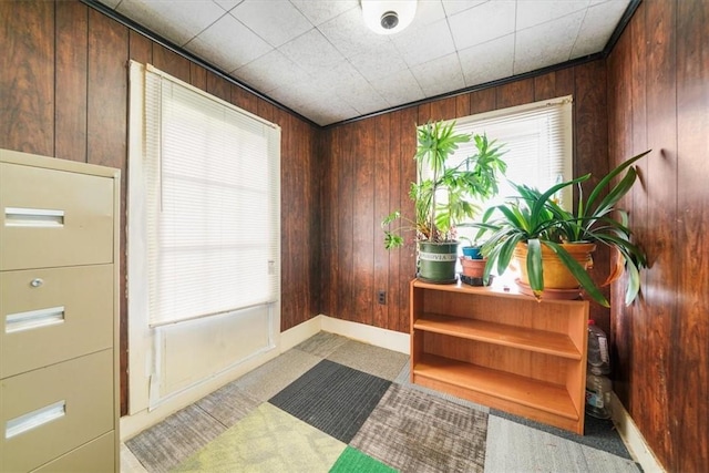 entryway with a wealth of natural light, wood walls, and light colored carpet