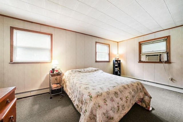 bedroom featuring carpet, a baseboard radiator, and cooling unit