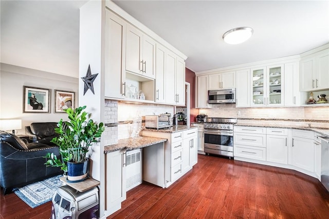 kitchen featuring white cabinets, light stone countertops, stainless steel appliances, and dark hardwood / wood-style floors