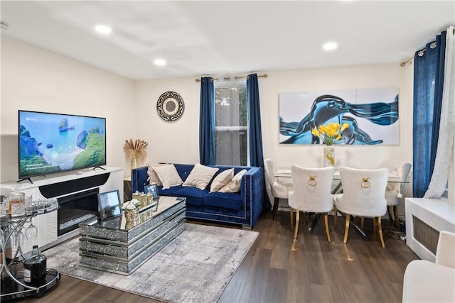 living room featuring a fireplace, dark wood-type flooring, and radiator heating unit