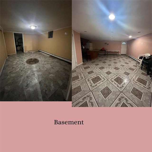 basement featuring a baseboard radiator