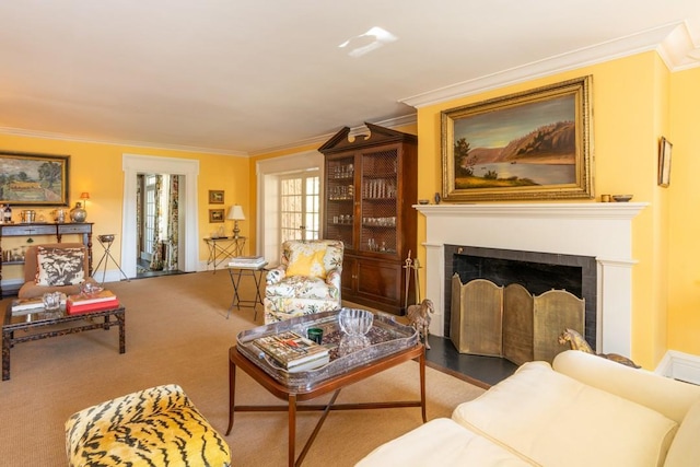 20 Smithfield Way, Amenia, NY 12501 - living room featuring crown molding, a fireplace with flush hearth, and carpet floors