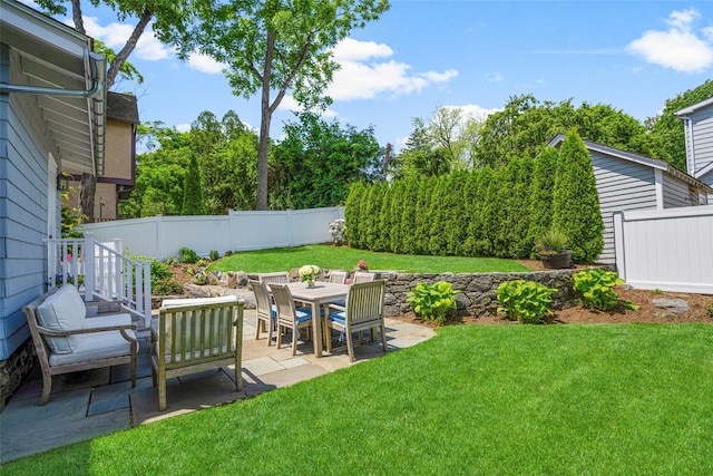 view of yard featuring a patio area and a fenced backyard