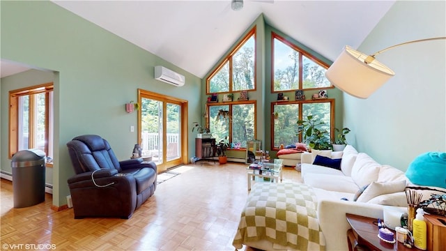 living room with light parquet floors, high vaulted ceiling, a wall unit AC, and a baseboard radiator